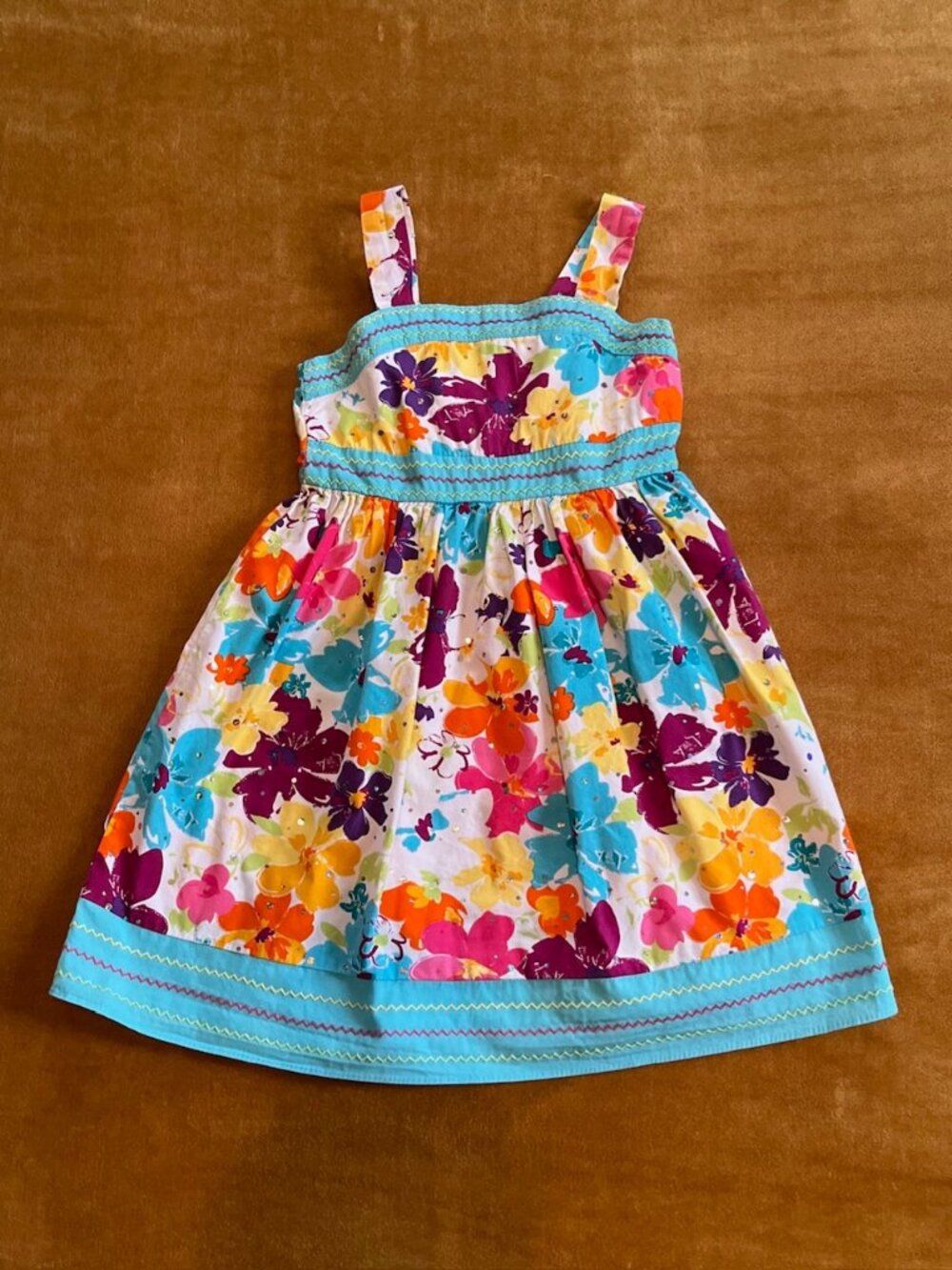 Youngland Girl's Dress Sundress size 6 Floral Colorful Rhinestones Embroidered